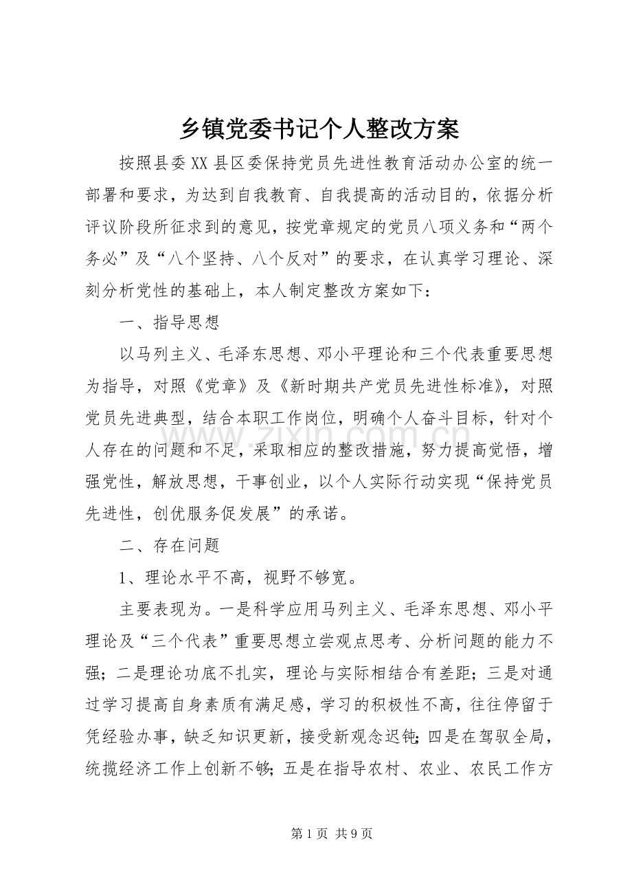 乡镇党委书记个人整改实施方案.docx_第1页