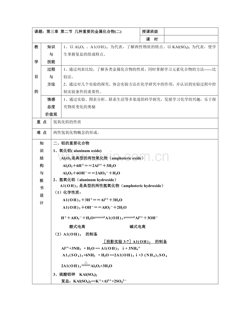 浏阳市第五中学江瓛-几种重要的金属化合物（第二课时教案）.doc_第1页