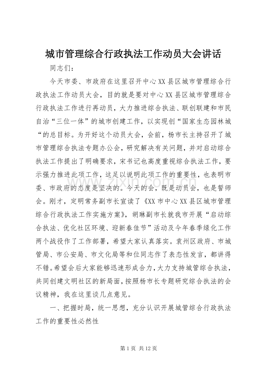 城市管理综合行政执法工作动员大会讲话.docx_第1页