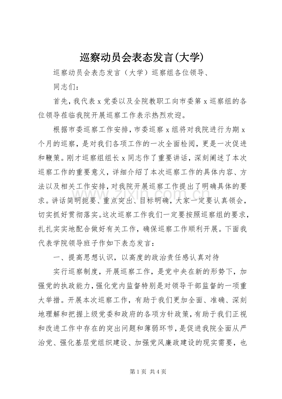 巡察动员会表态发言(大学).docx_第1页