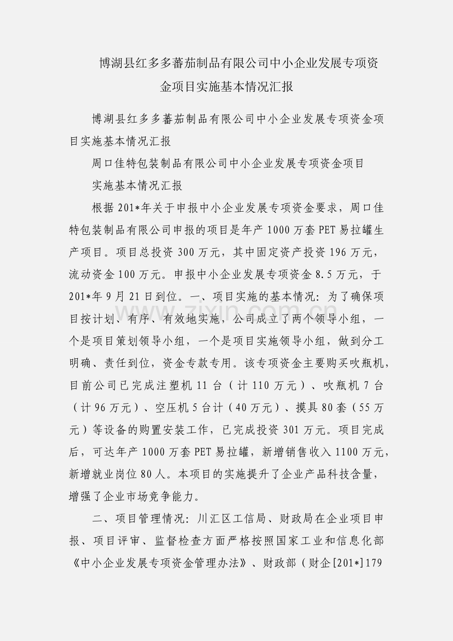博湖县红多多蕃茄制品有限公司中小企业发展专项资金项目实施基本情况汇报.docx_第1页