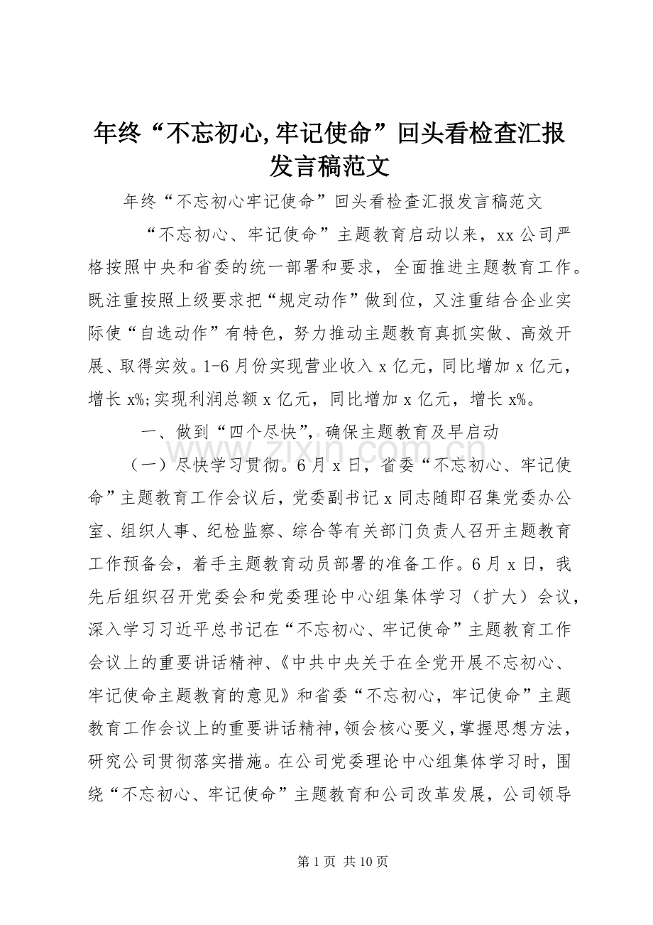 年终“不忘初心,牢记使命”回头看检查汇报发言稿范文.docx_第1页