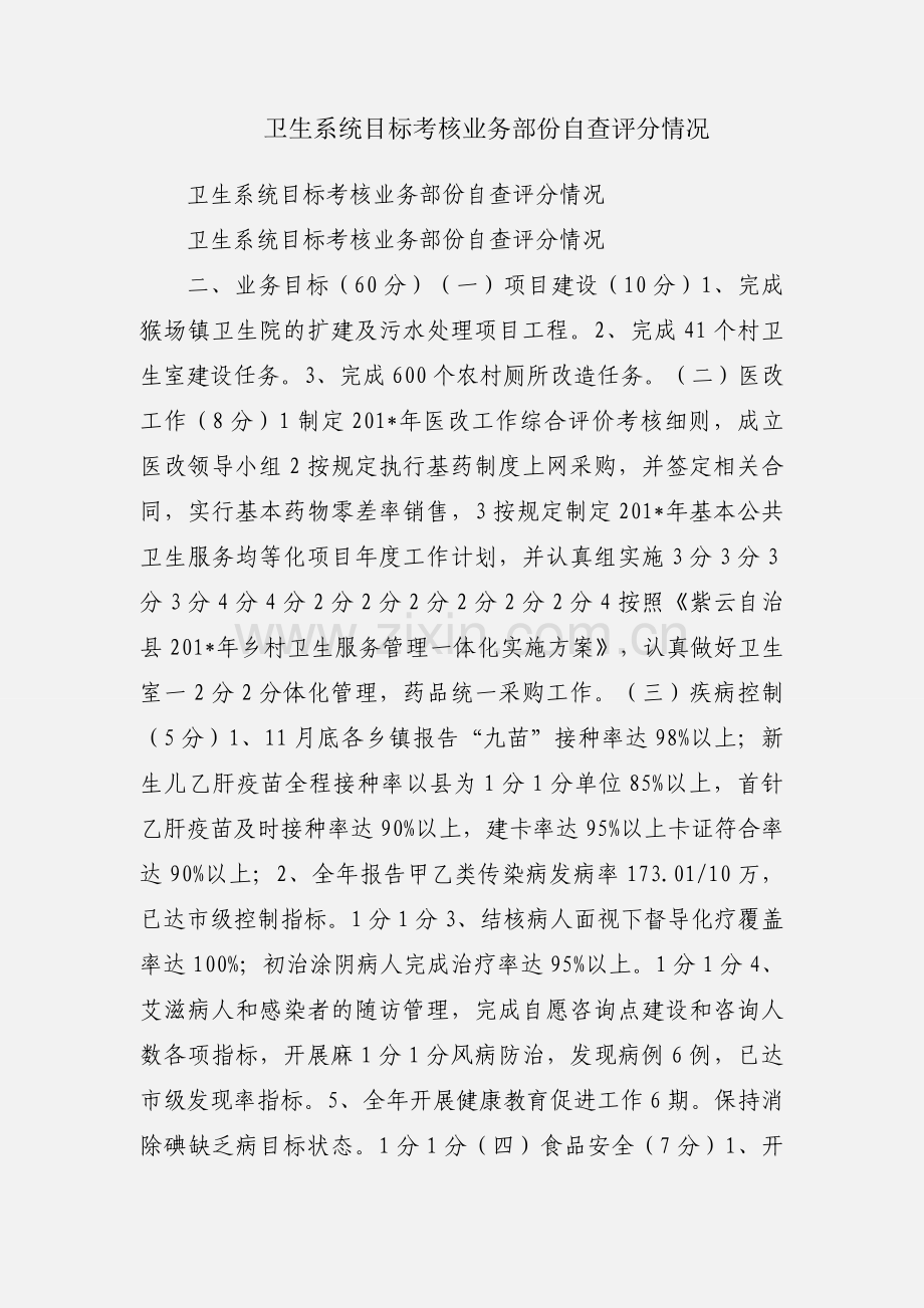 卫生系统目标考核业务部份自查评分情况.docx_第1页