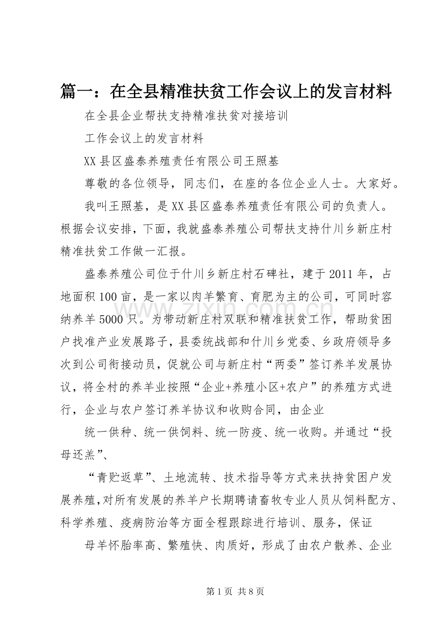 篇一：在全县精准扶贫工作会议上的发言材料.docx_第1页