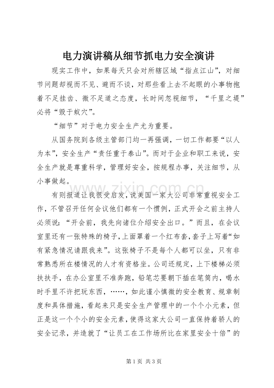 电力演讲稿从细节抓电力安全演讲.docx_第1页