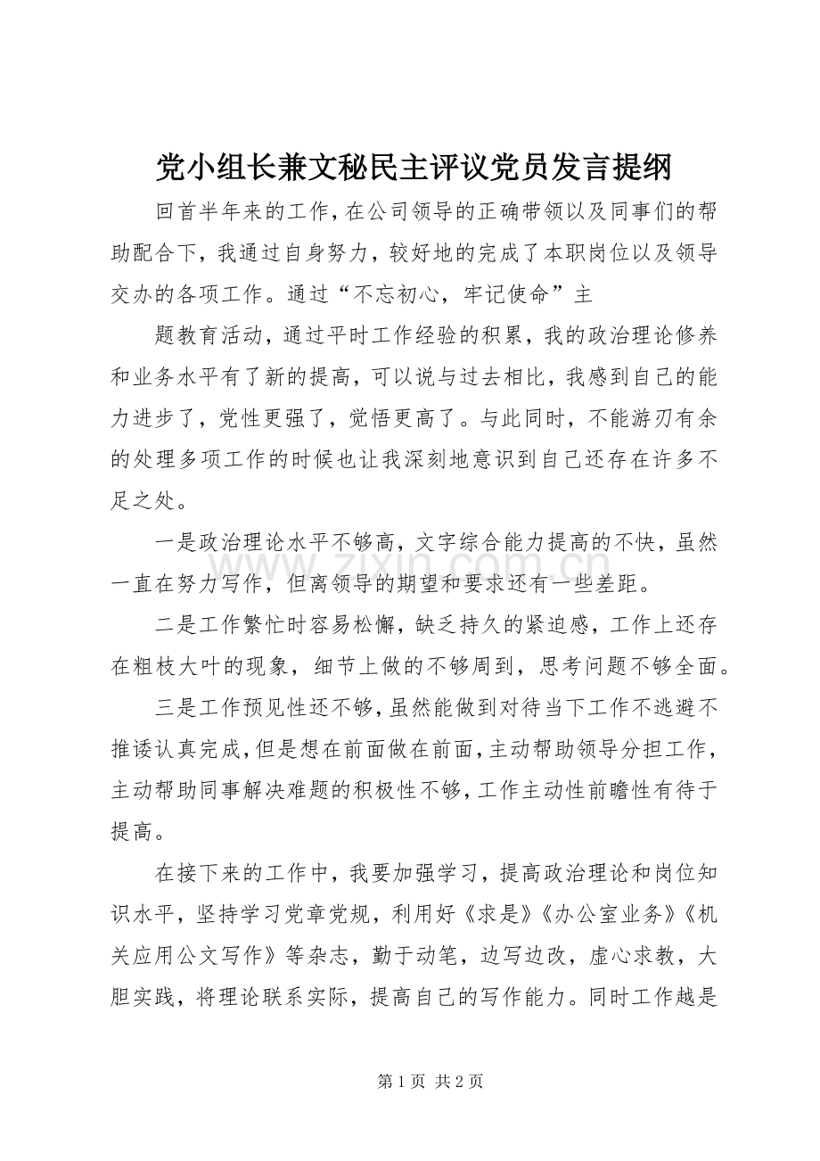 党小组长兼文秘民主评议党员发言提纲材料.docx_第1页