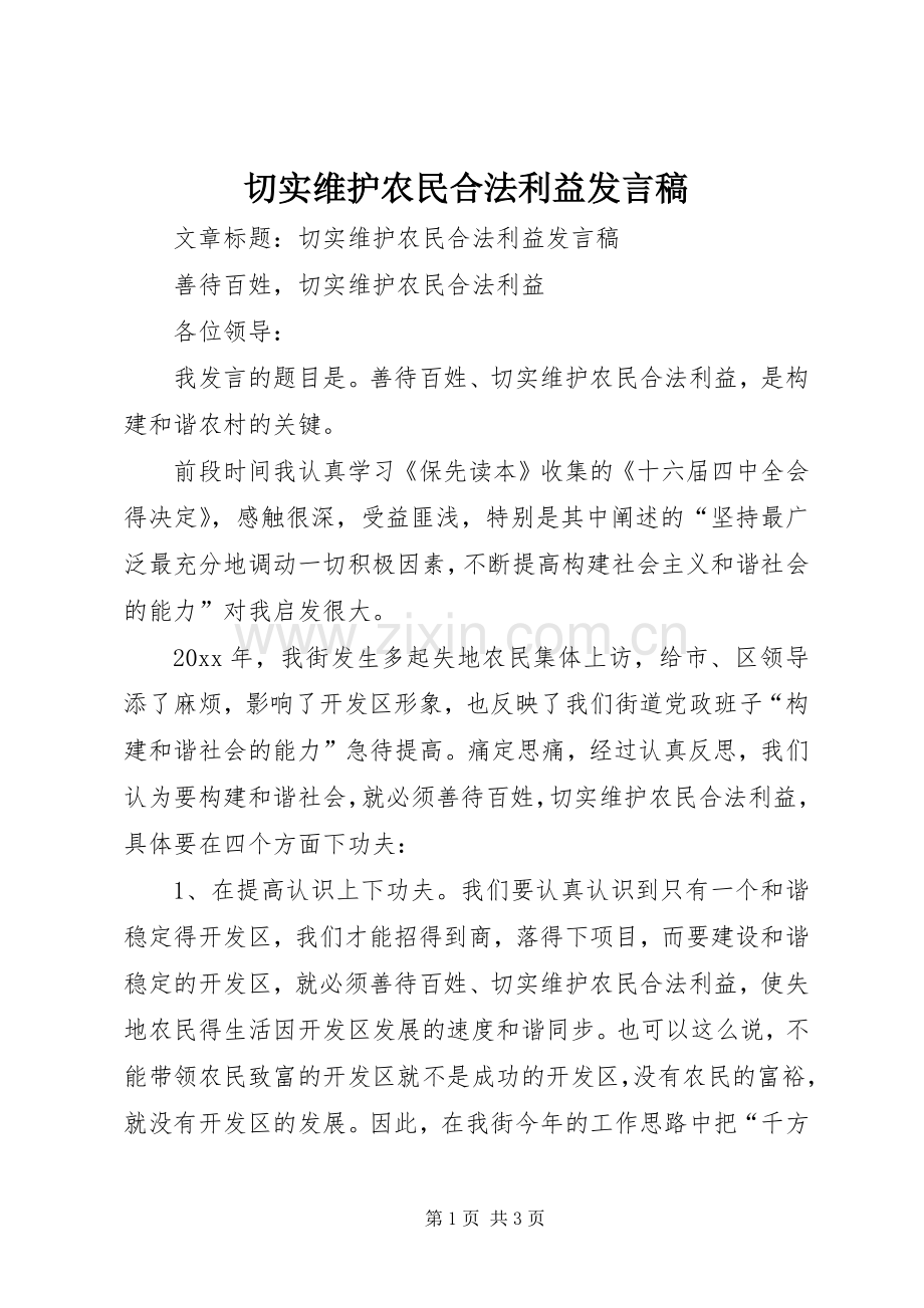 切实维护农民合法利益发言稿范文.docx_第1页