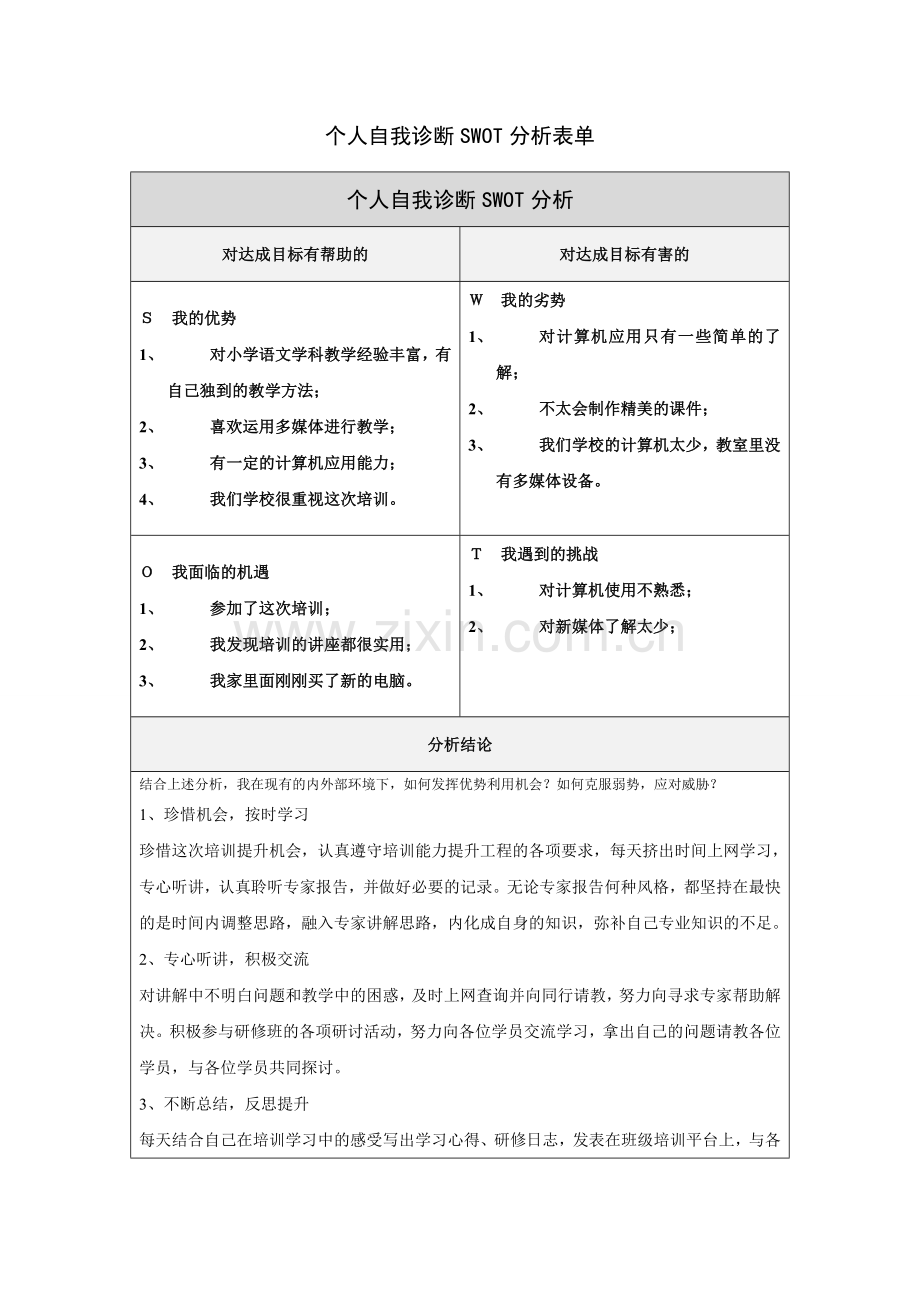 刘伯玉的个人自我诊断SWOT分析表.doc_第1页