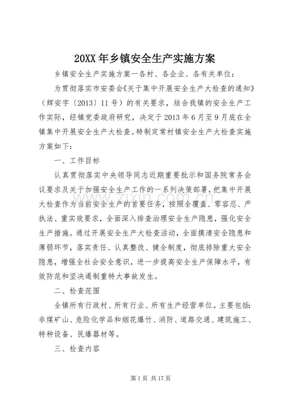 XX年乡镇安全生产方案 ().docx_第1页