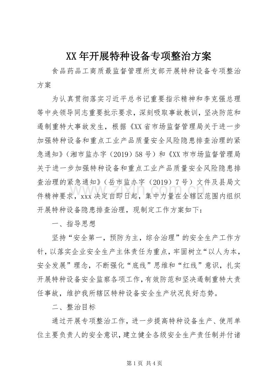 XX年开展特种设备专项整治实施方案.docx_第1页