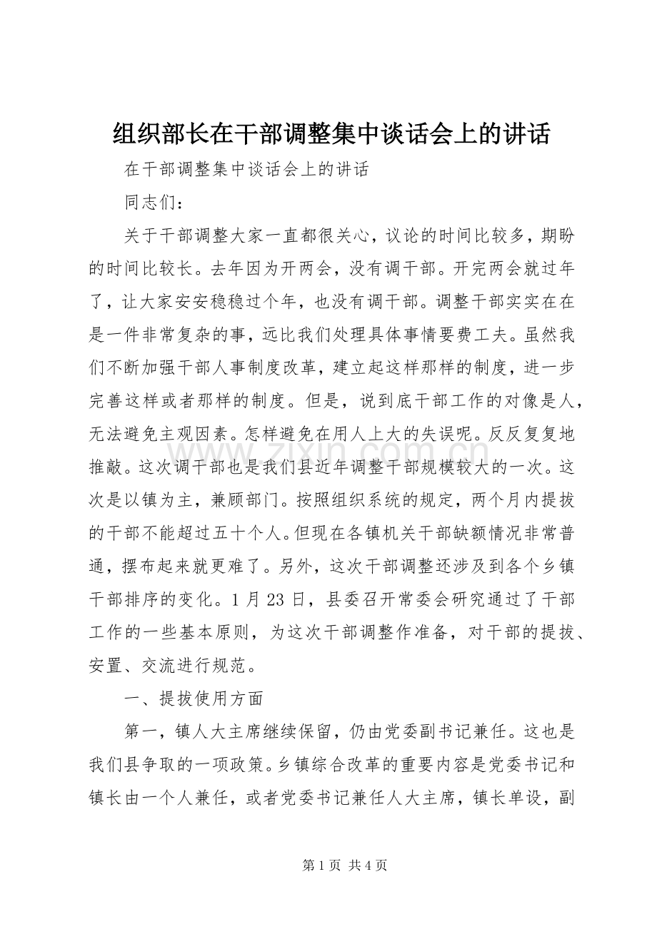 组织部长在干部调整集中谈话会上的讲话.docx_第1页
