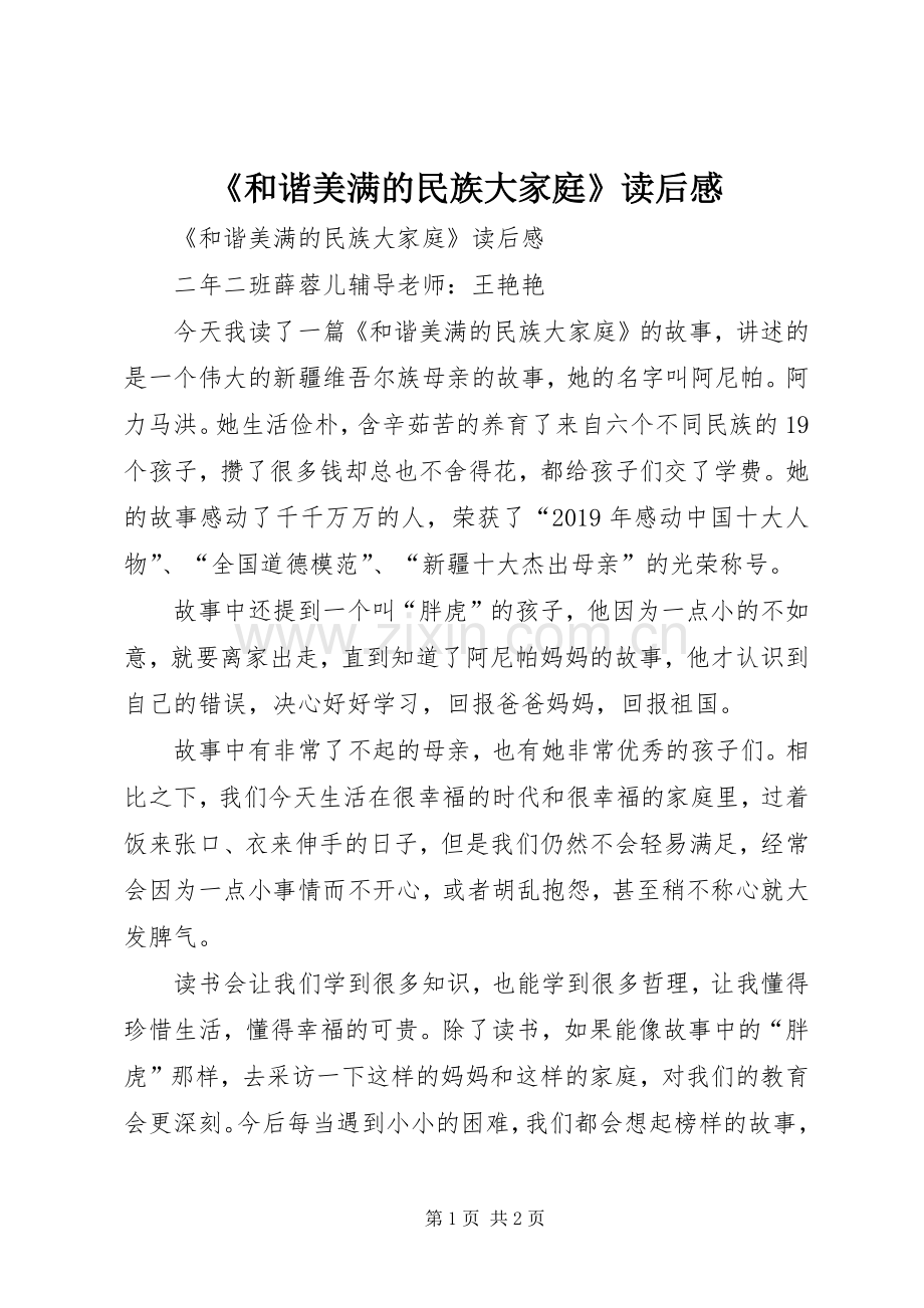 《和谐美满的民族大家庭》读后感 .docx_第1页