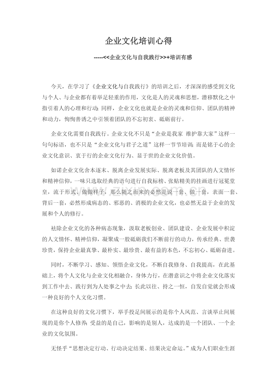 企业文化与自我践行-培训心得.docx_第1页