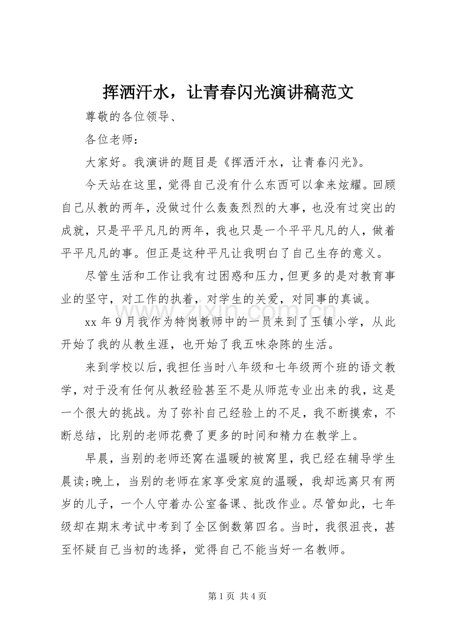 挥洒汗水让青春闪光演讲稿范文.docx_第1页