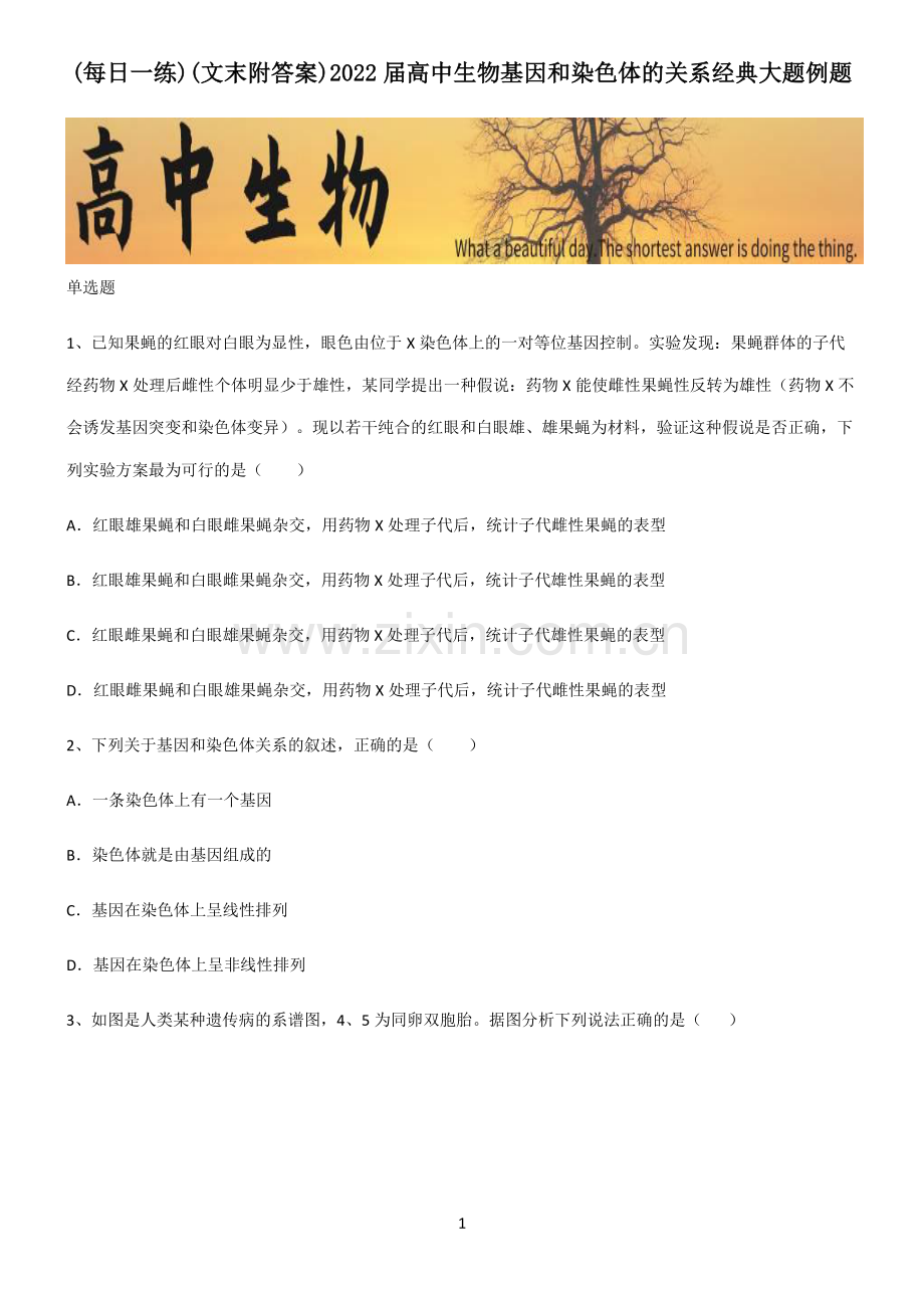 (文末附答案)2022届高中生物基因和染色体的关系经典大题例题.pdf_第1页
