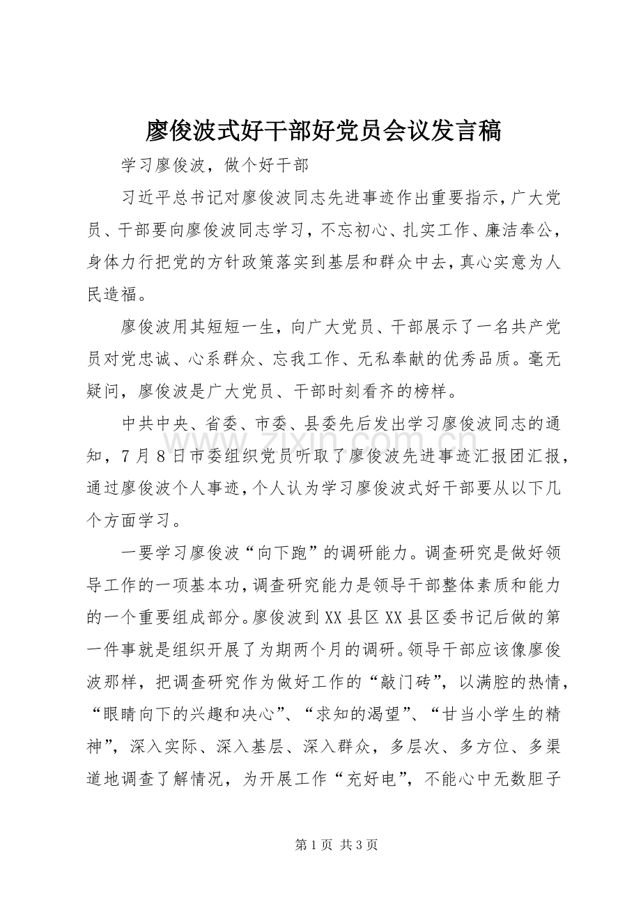 廖俊波式好干部好党员会议发言稿范文.docx_第1页