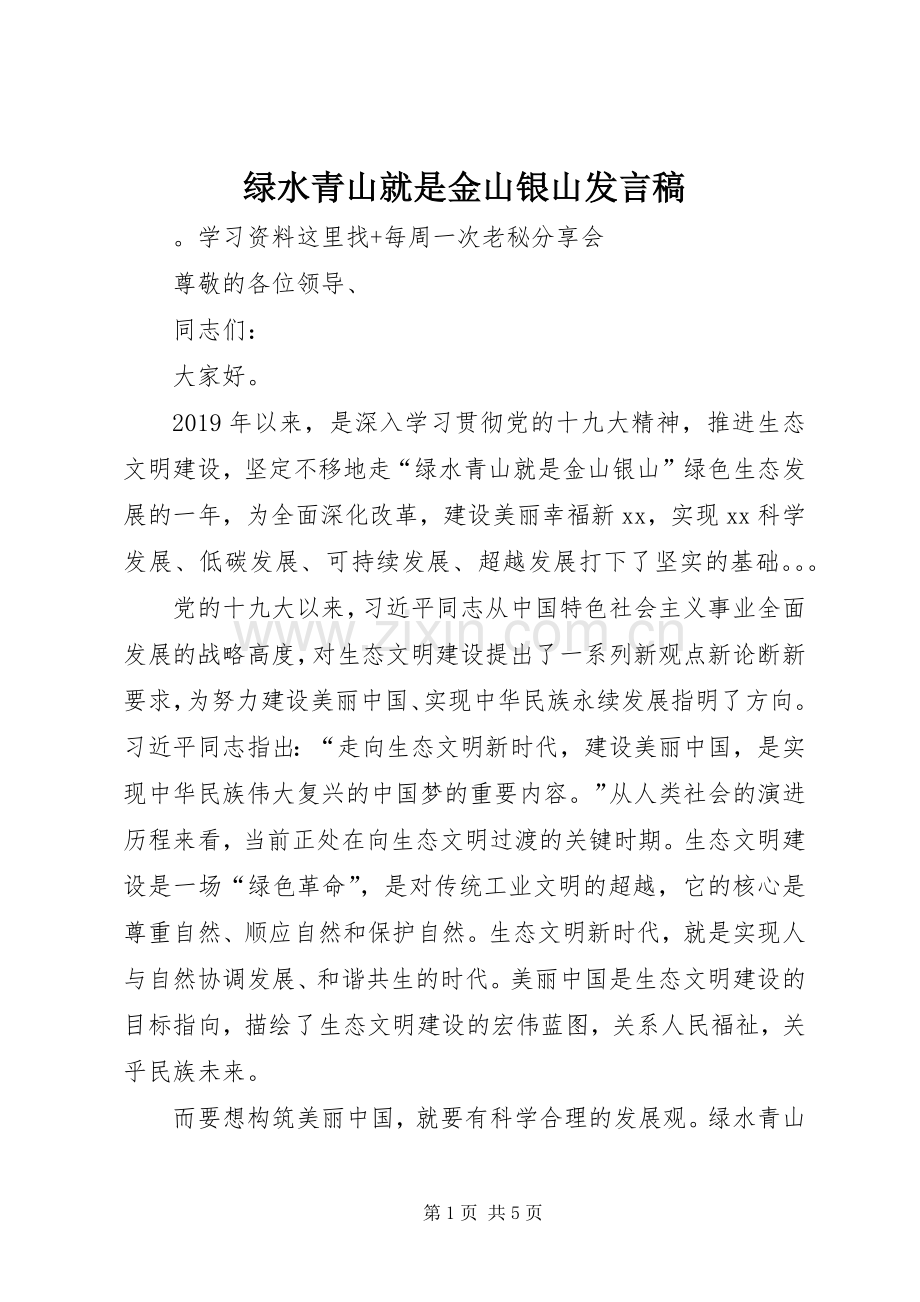 绿水青山就是金山银山发言稿.docx_第1页