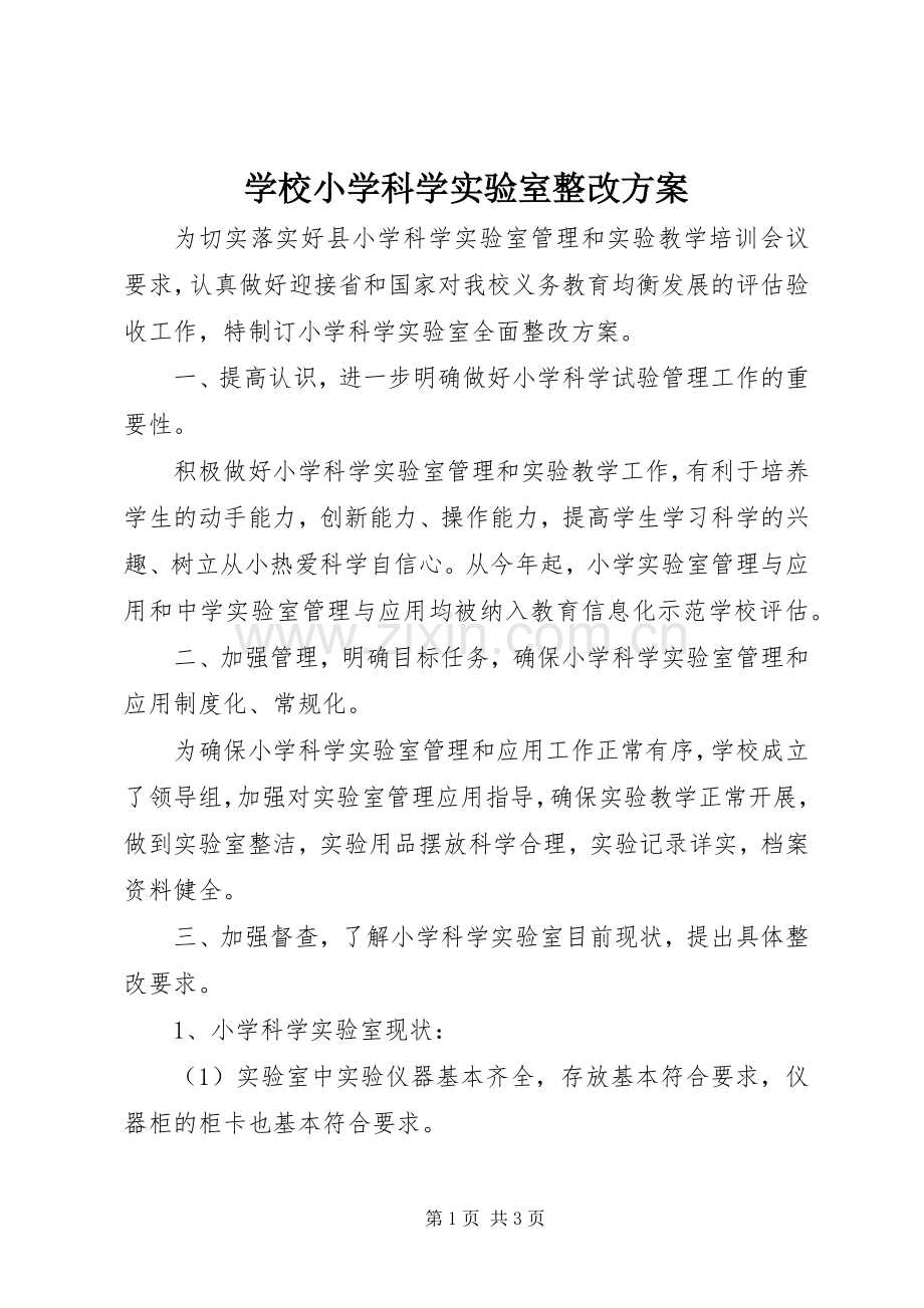 学校小学科学实验室整改实施方案.docx_第1页