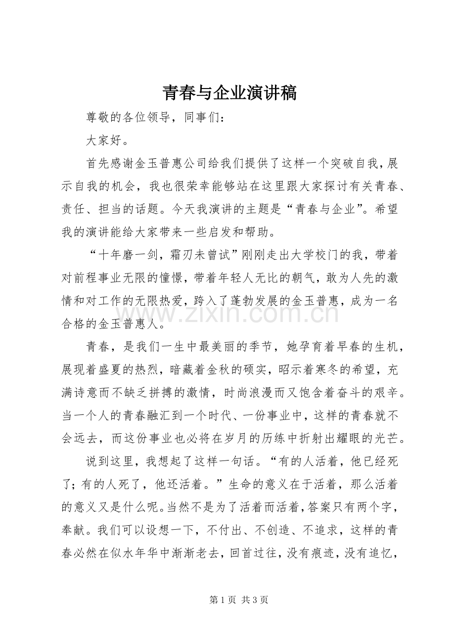 青春与企业演讲稿.docx_第1页