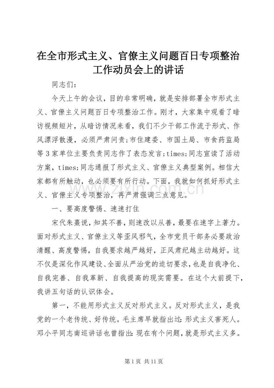 在全市形式主义、官僚主义问题百日专项整治工作动员会上的讲话.docx_第1页