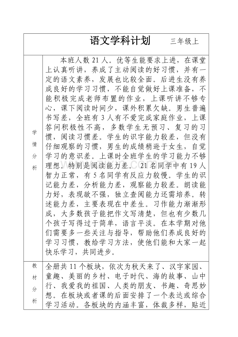 三年上语文学科计划.docx_第1页