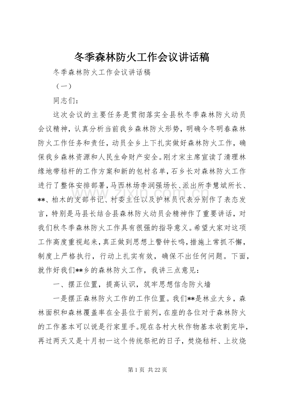 冬季森林防火工作会议讲话稿.docx_第1页