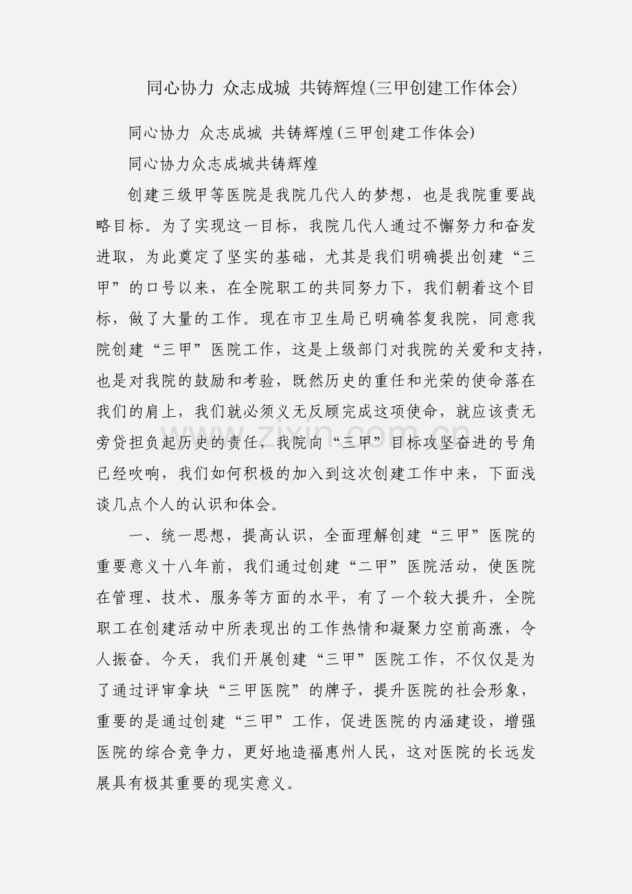 同心协力 众志成城 共铸辉煌(三甲创建工作体会).docx_第1页