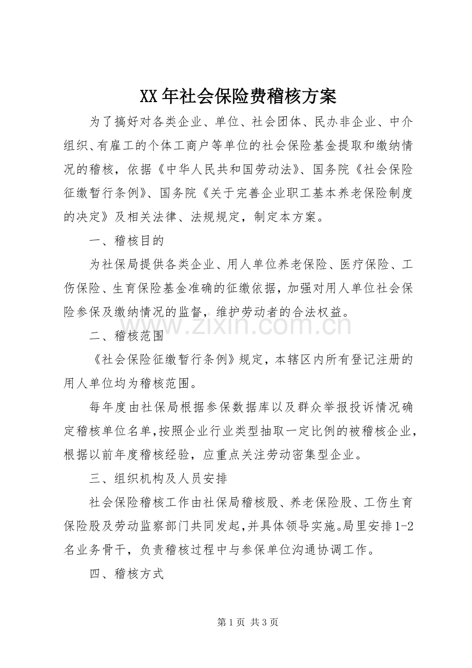 XX年社会保险费稽核实施方案.docx_第1页