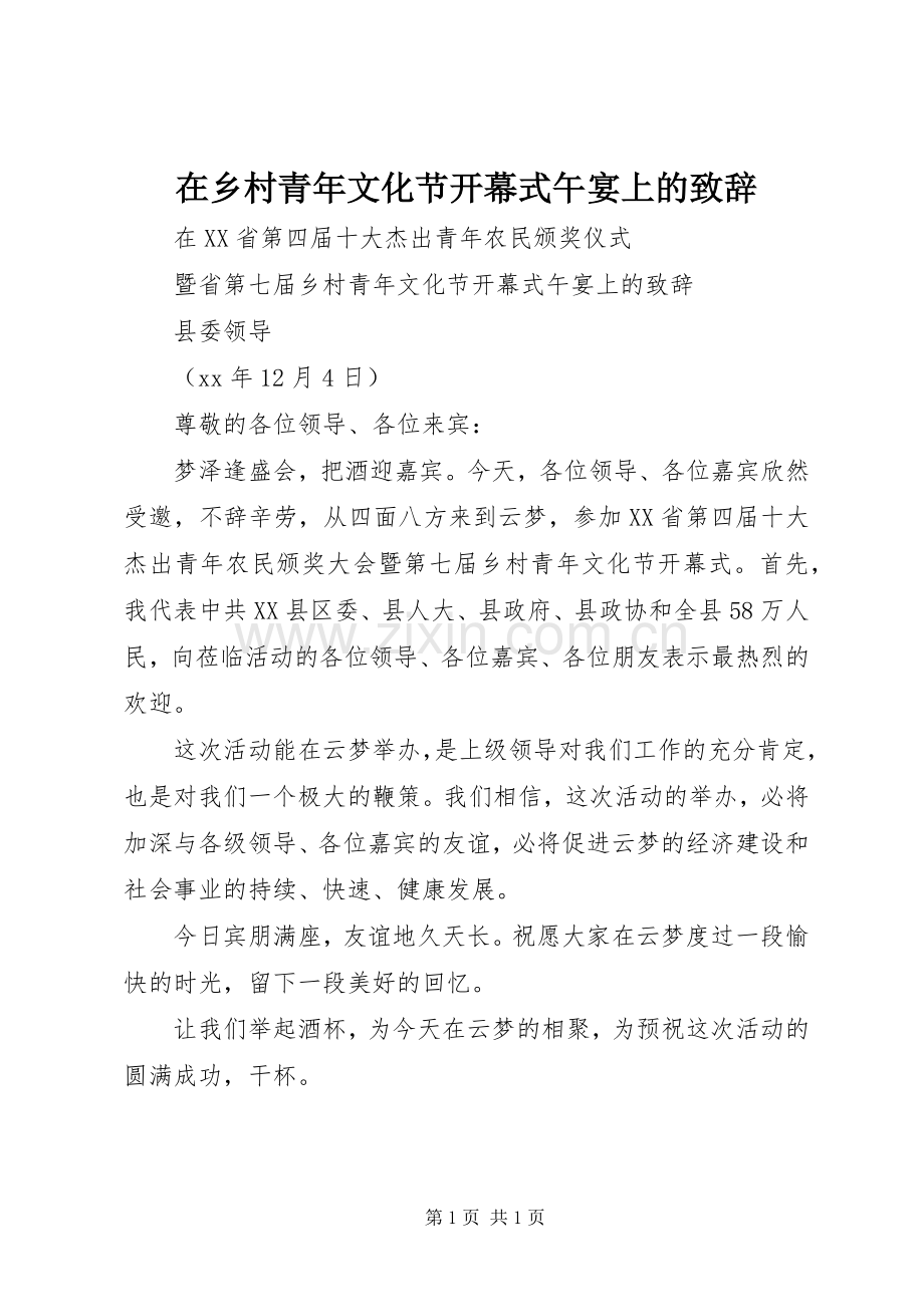 在乡村青年文化节开幕式午宴上的演讲致辞范文.docx_第1页