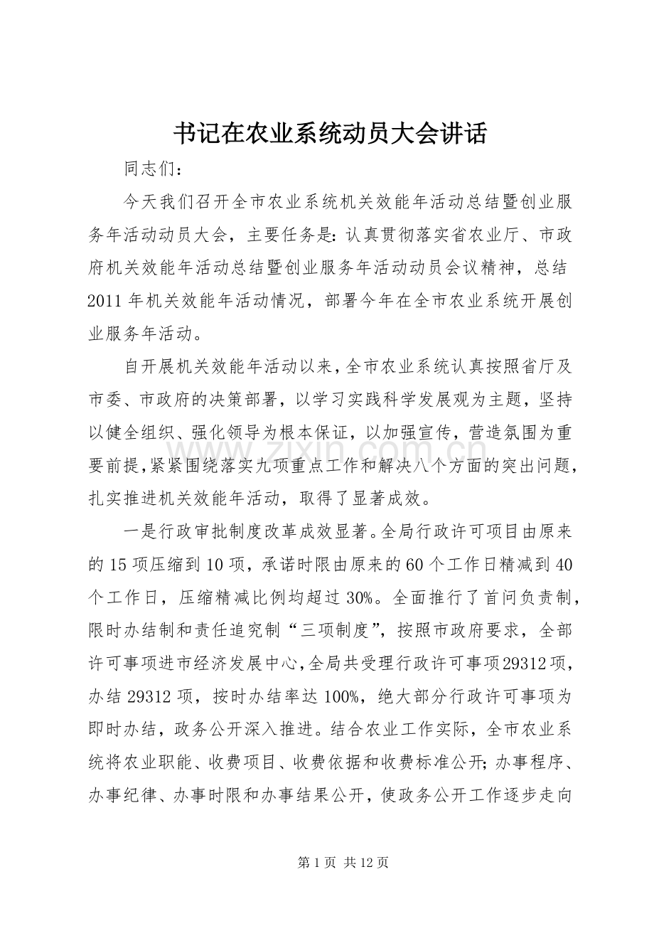 书记在农业系统动员大会讲话.docx_第1页