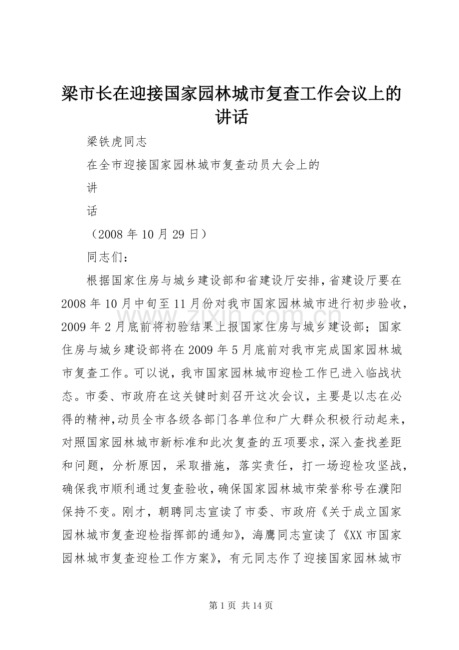 梁市长在迎接国家园林城市复查工作会议上的讲话.docx_第1页