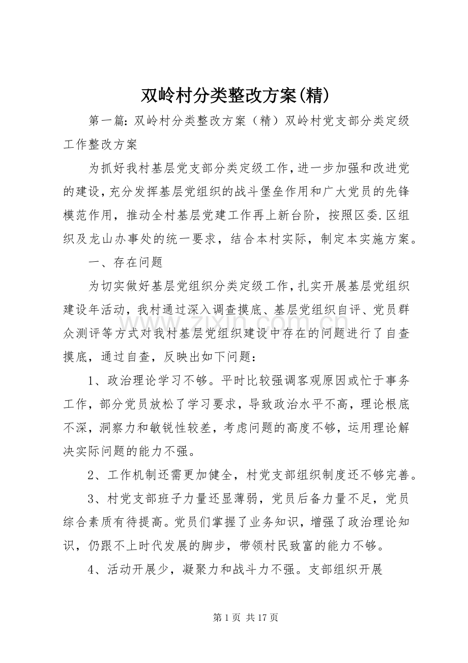 双岭村分类整改实施方案.docx_第1页