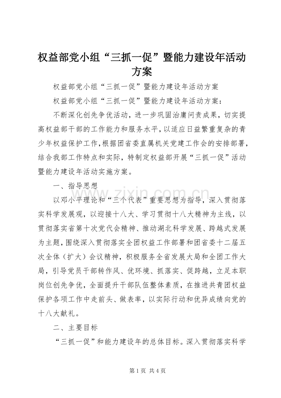 权益部党小组“三抓一促”暨能力建设年活动实施方案.docx_第1页
