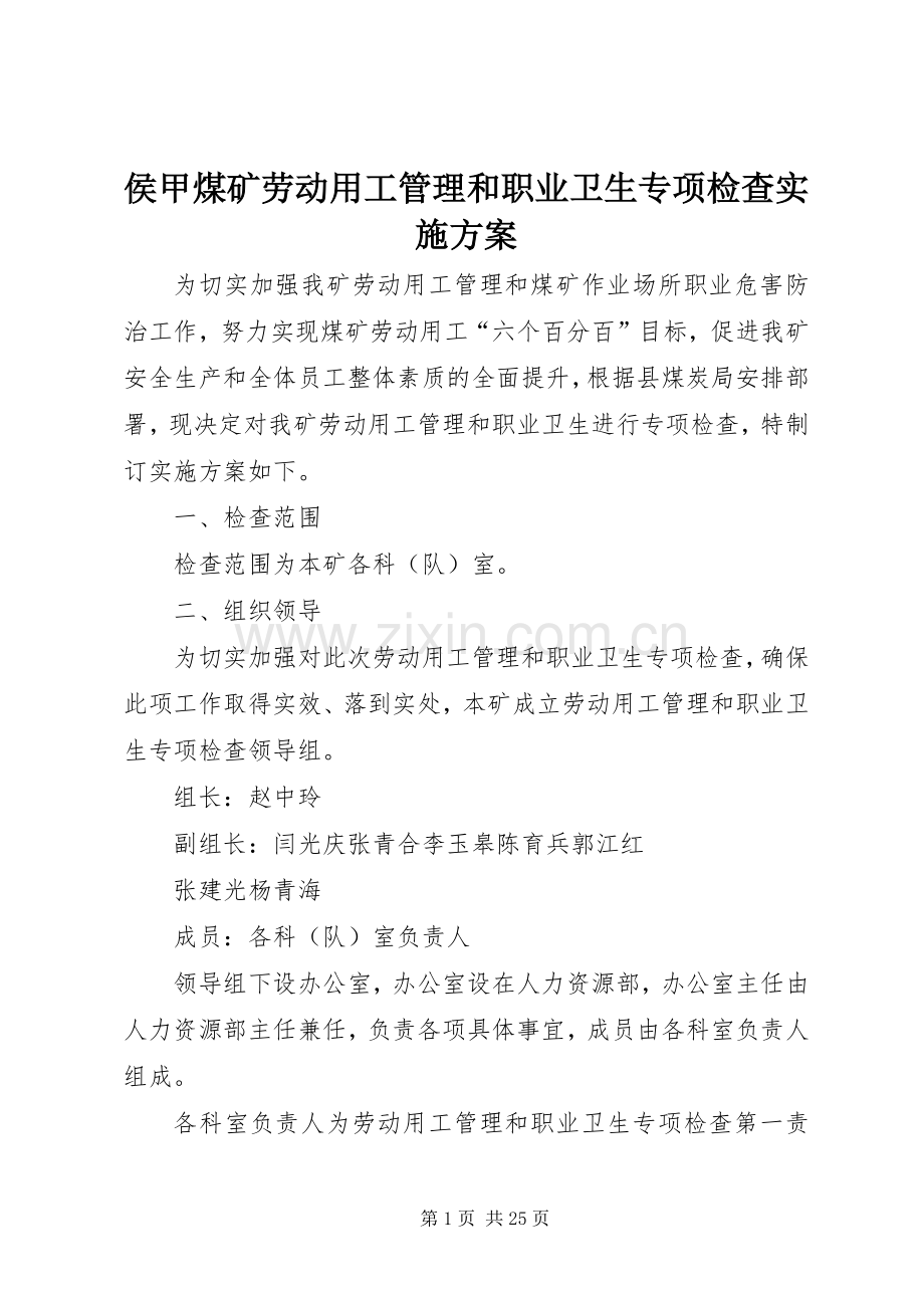 侯甲煤矿劳动用工管理和职业卫生专项检查方案.docx_第1页