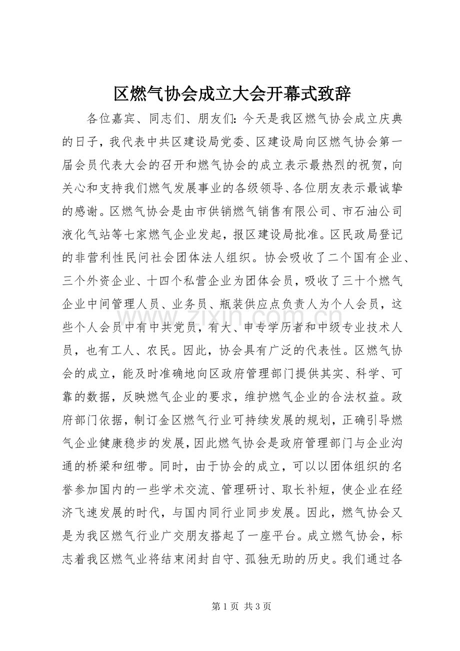 区燃气协会成立大会开幕式致辞.docx_第1页