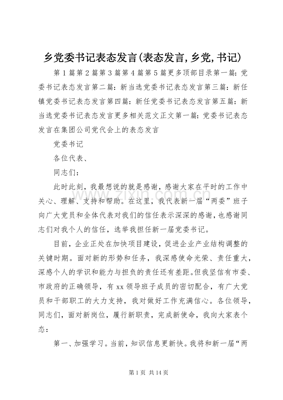乡党委书记表态发言稿(表态发言稿,乡党,书记).docx_第1页