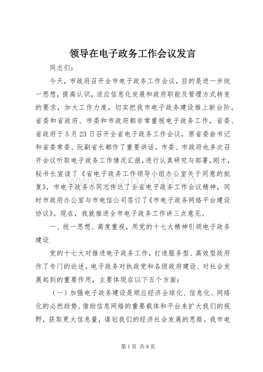 领导在电子政务工作会议发言稿.docx_第1页
