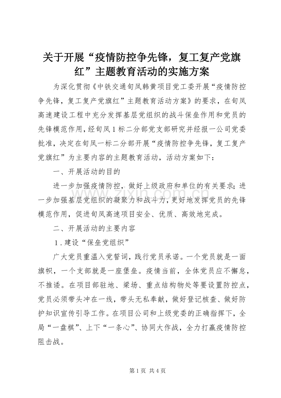 关于开展“疫情防控争先锋复工复产党旗红”主题教育活动的方案.docx_第1页