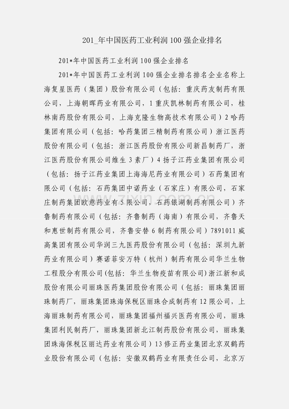 201_年中国医药工业利润100强企业排名.docx_第1页