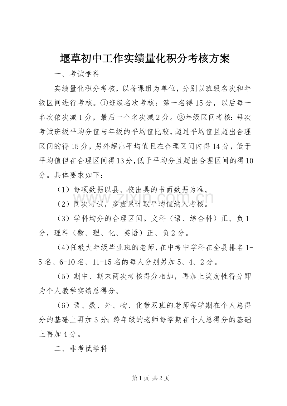 堰草初中工作实绩量化积分考核实施方案.docx_第1页
