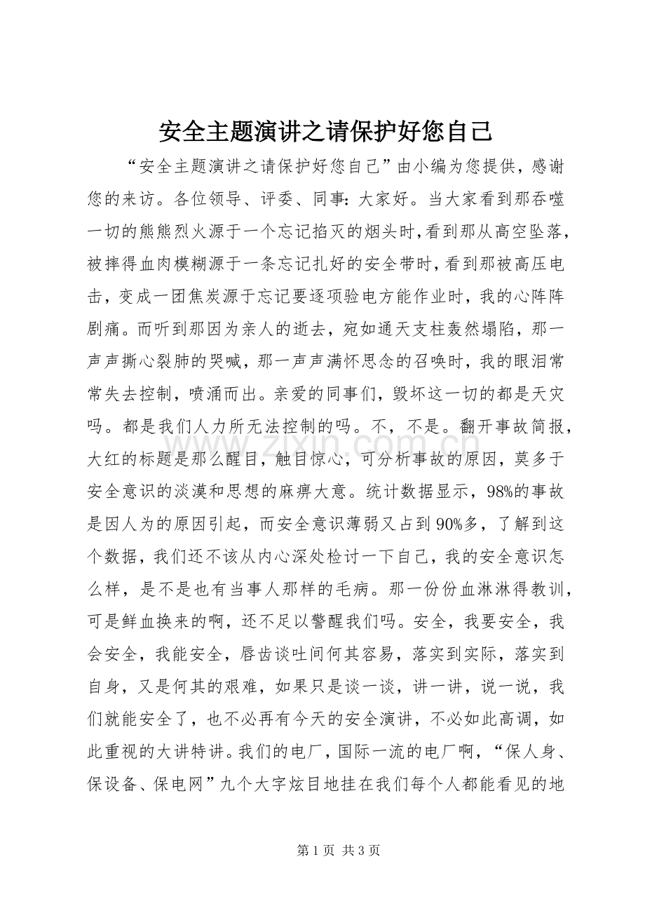安全主题演讲之请保护好您自己.docx_第1页