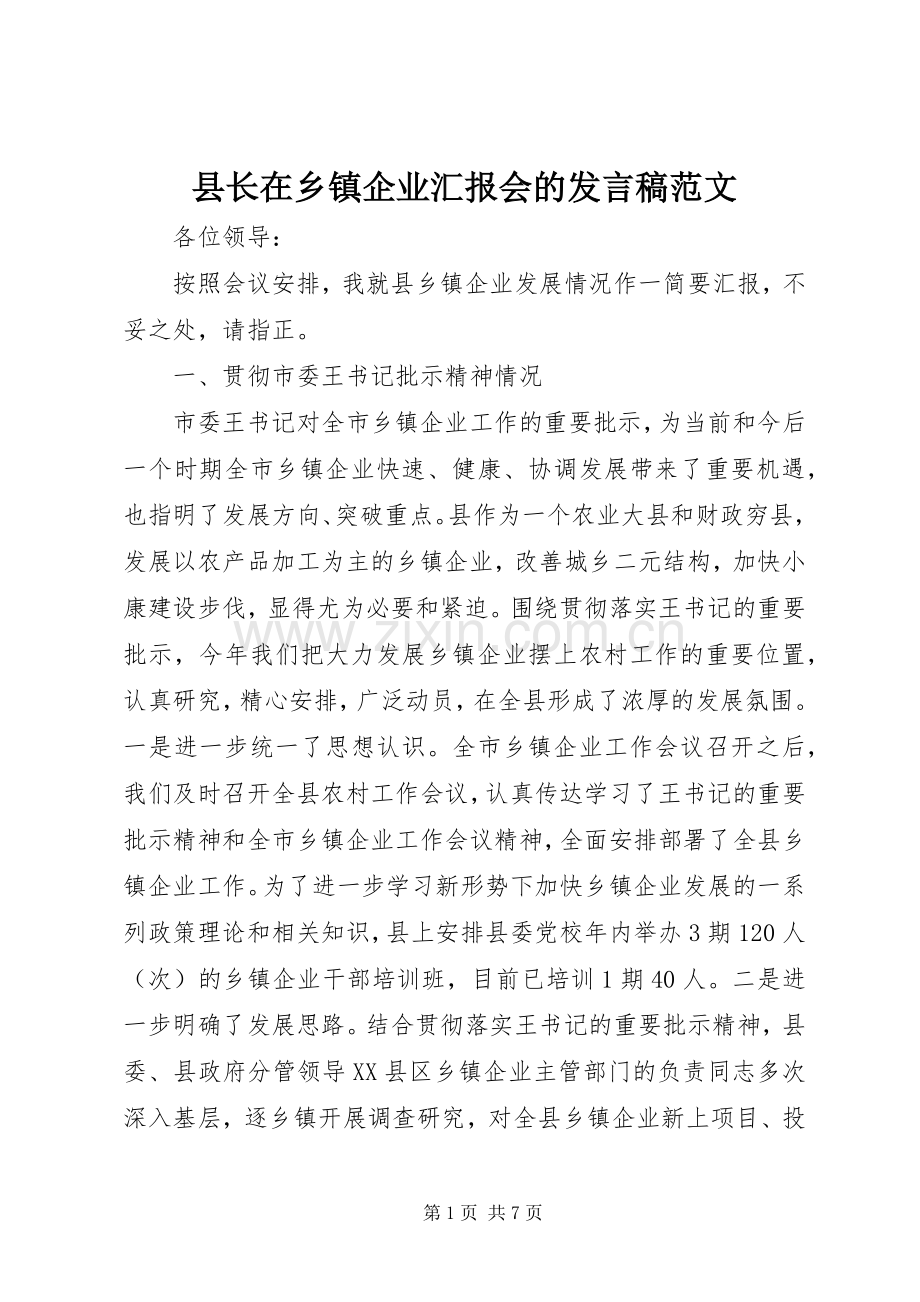 县长在乡镇企业汇报会的发言稿范文.docx_第1页