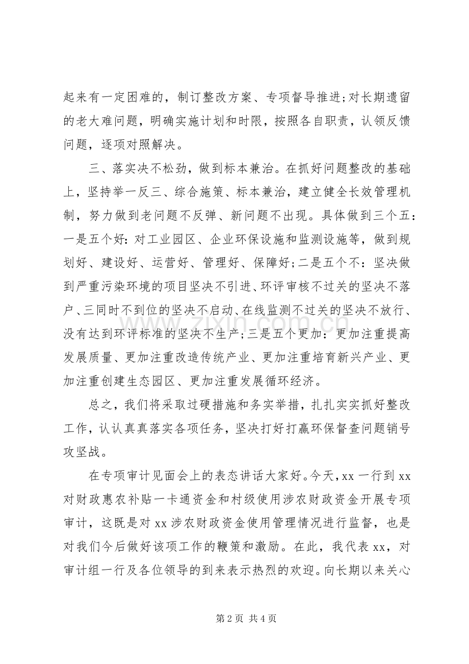迎检见面会和督查反馈会上的表态发言.docx_第2页