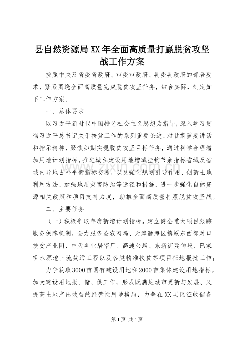 县自然资源局XX年全面高质量打赢脱贫攻坚战工作实施方案.docx_第1页