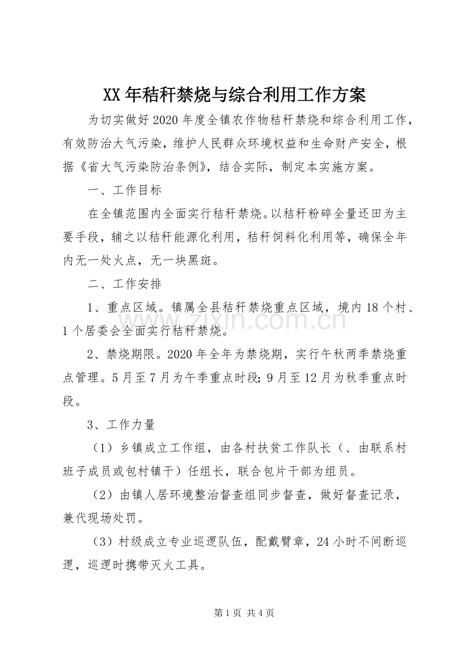 XX年秸秆禁烧与综合利用工作实施方案.docx_第1页