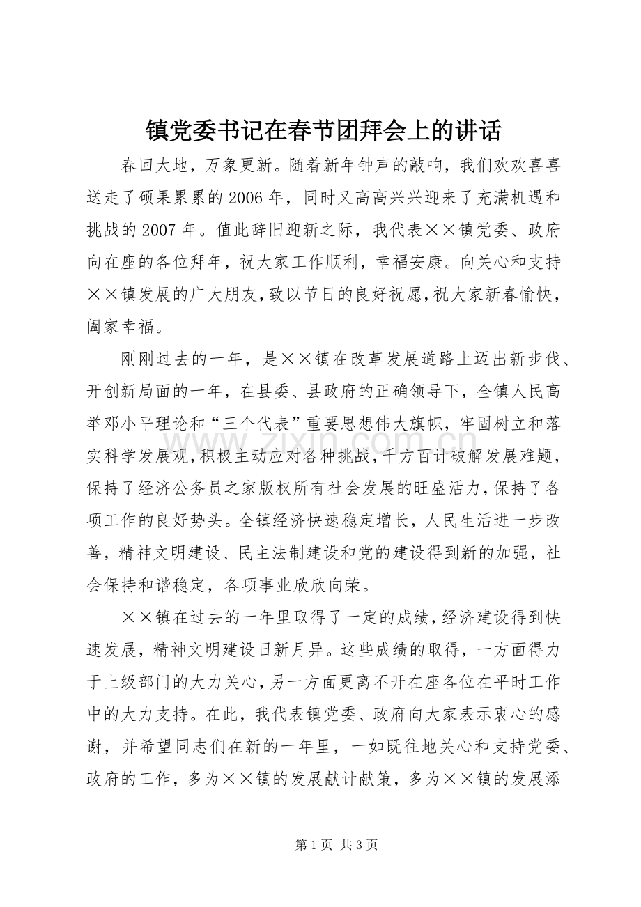 镇党委书记在春节团拜会上的讲话.docx_第1页