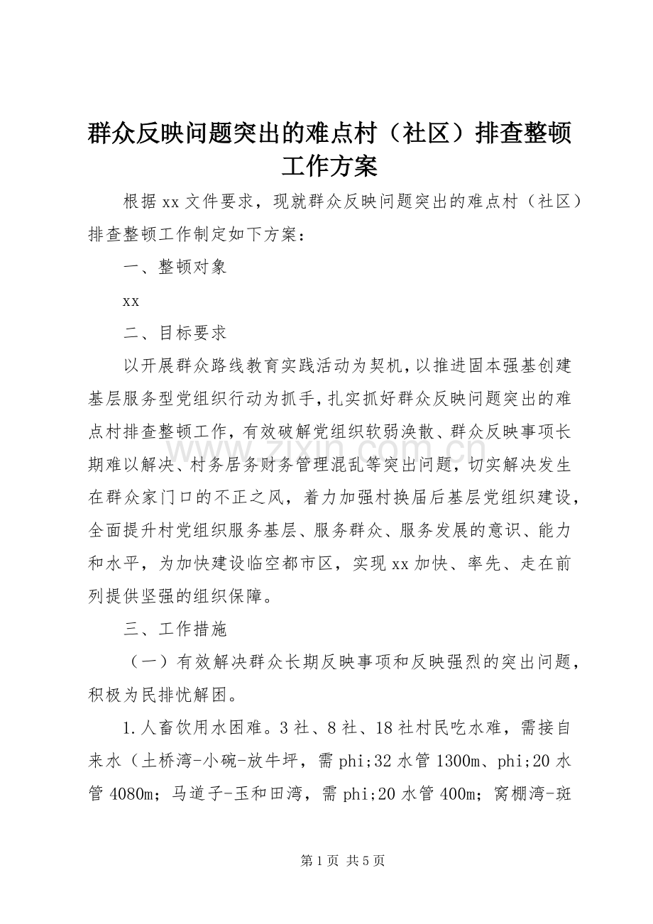 群众反映问题突出的难点村（社区）排查整顿工作实施方案 .docx_第1页