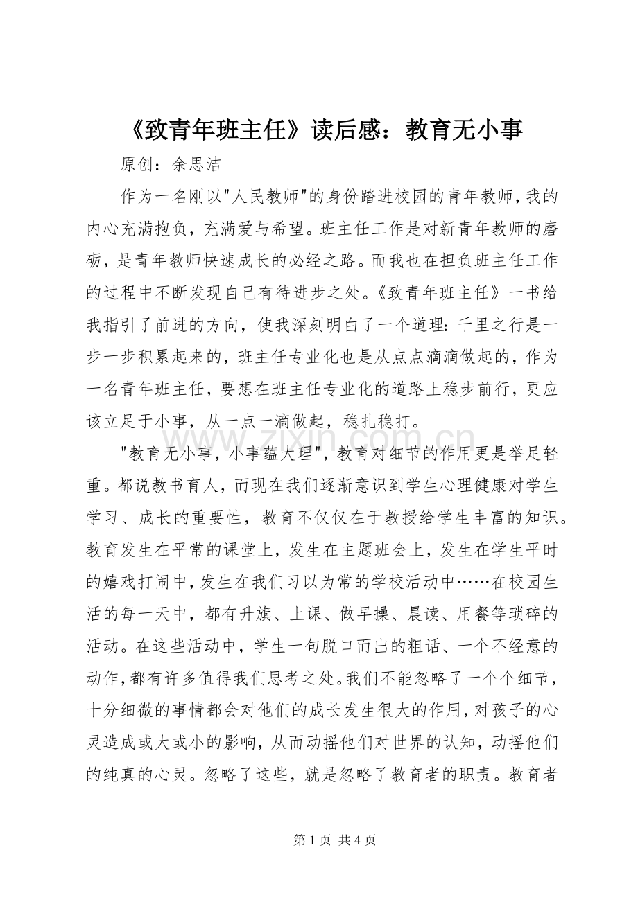 《致青年班主任》读后感：教育无小事 .docx_第1页