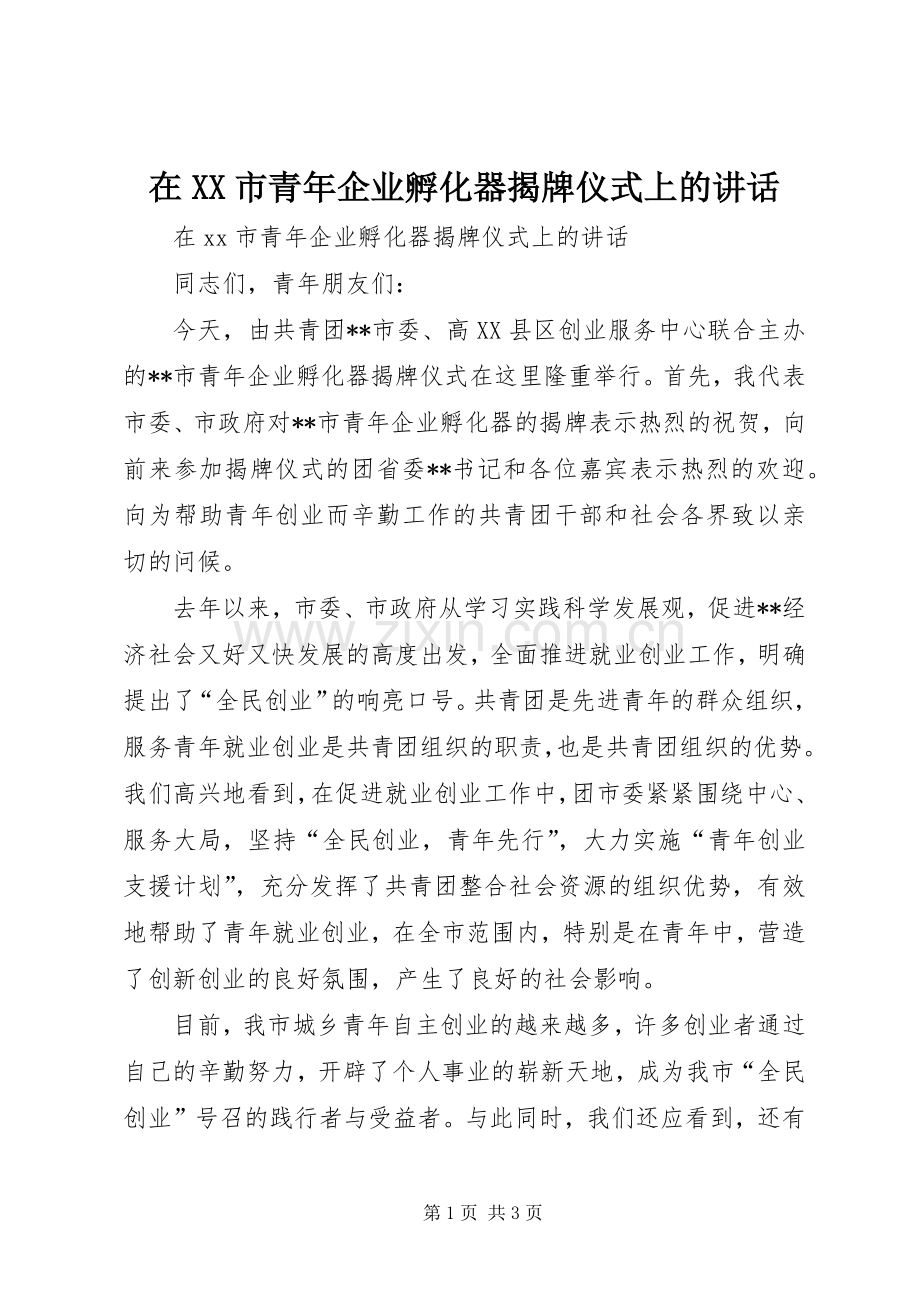 在XX市青年企业孵化器揭牌仪式上的讲话.docx_第1页