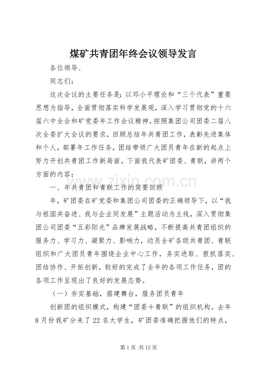煤矿共青团年终会议领导发言稿.docx_第1页